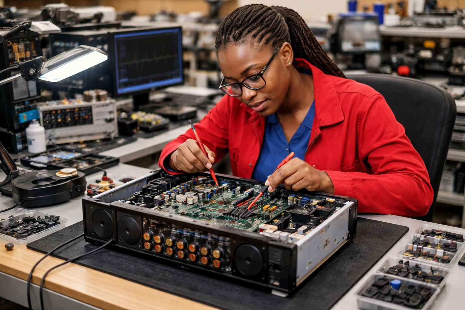 Technician repairing surround sound amplifier